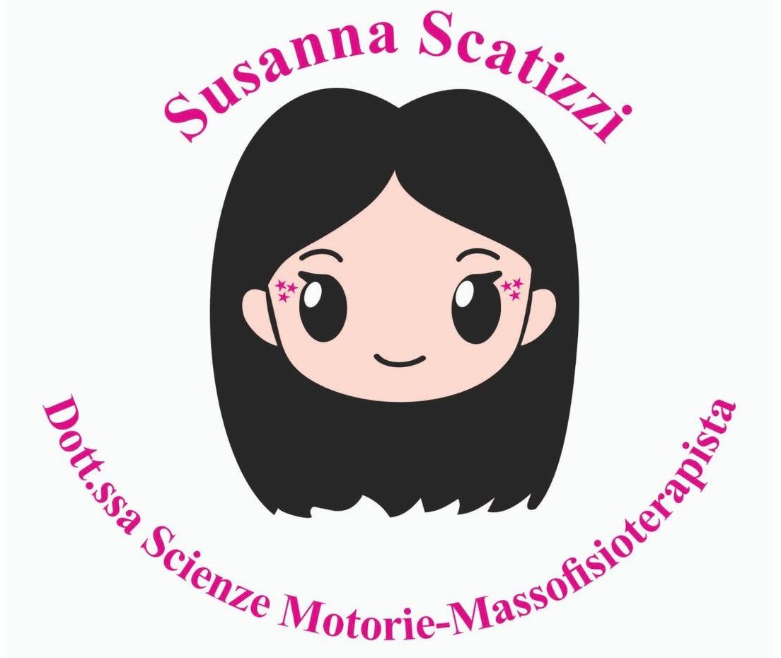 Logo con illustrazione stilizzata di una ragazza con capelli scuri e lunghi, occhi grandi e sorriso, con piccoli dettagli a forma di stelle rosa sulle guance. Intorno all’immagine compare il nome “Susanna Scatizzi” e la dicitura “Dott.ssa Scienze Motorie - Massofisioterapista” in colore rosa.