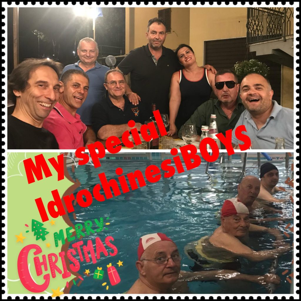 Collage fotografico di un gruppo di persone durante attività di idrochinesiterapia e momenti conviviali insieme.